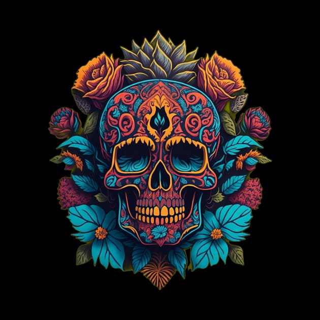 Floral Symphony: Red, Blue, and Gold Sugar Skull Art Surrounded by Flowers by ImaginativeInkPOD