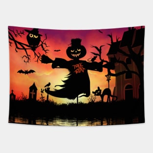 Funny halloween design with scarecrow, cat, and owl Tapestry