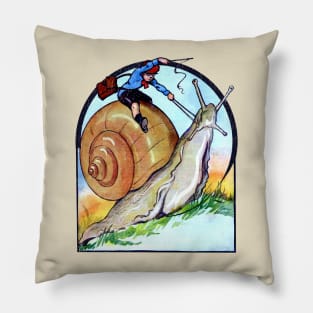 Cottagecore Vintage Little Boy Riding a Garden Snail Fantasy Pillow