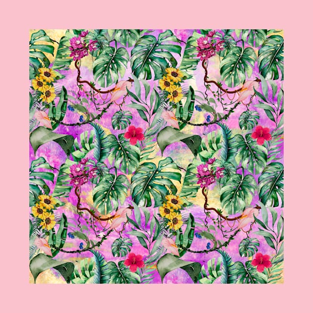 Cute tropical floral leaves botanical illustration, tropical plants,leaves and flowers, pink purple leaves pattern by Zeinab taha