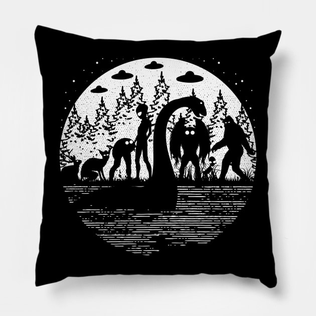 Bigfoot Loch Ness Monster Cryptid Pillow by Tesszero