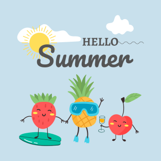 Hello Summer Cool design for summertime. Strawberry, cherry, pineapple with a beach landscape T-Shirt