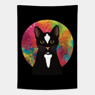 The cute and alert black and white tuxedo cat is waiting and watching you , colorful  background Tapestry