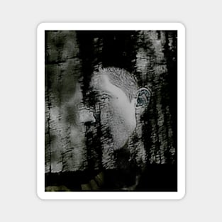 Portrait, digital collage and special processing. Masterpiece. Man looking to car window, reflection. Dim weather, rain. Magnet