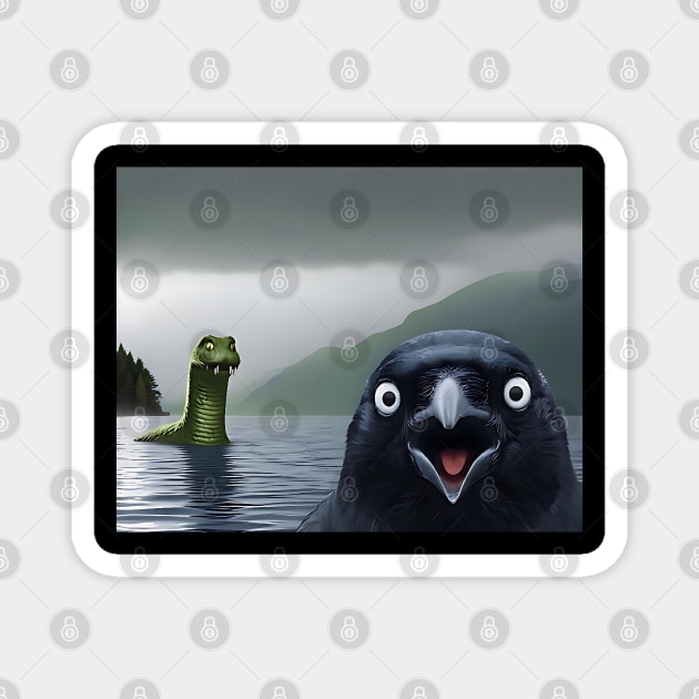Crow Selfie with Loch Ness Monster Nessie funny photo Magnet by Luxinda