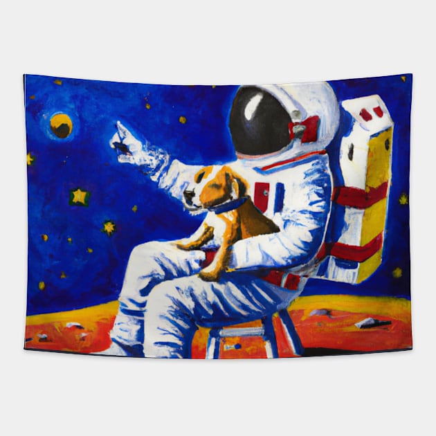 Astronaut sitting with his dog on the moon, starring into space. Tapestry by Boztik-Designs