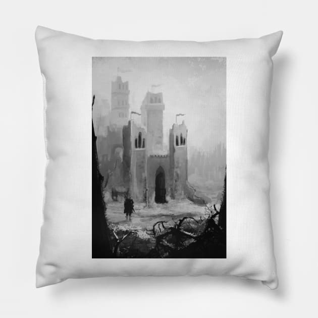 Castle in the Snow B/W Pillow by AidanJWar