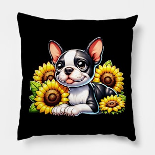 Boston Terrier And Sunflowers Pillow