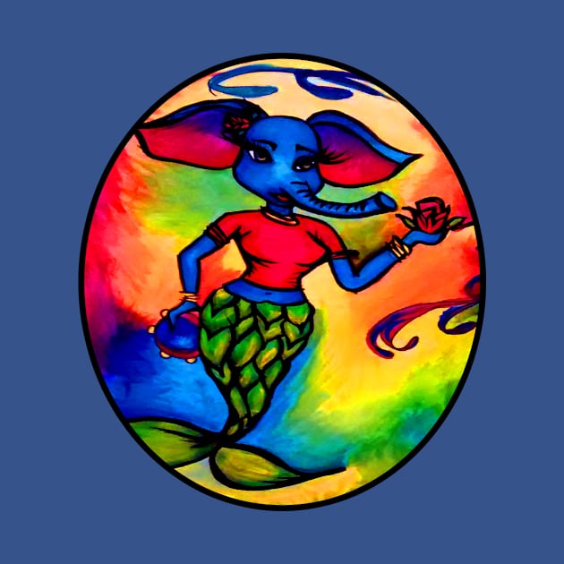 Beautiful Blue Elephant Mermaid with Red Rose and Tambourine by artbyomega