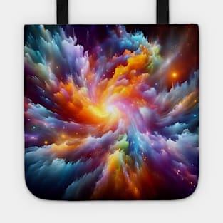 A vibrant explosion of colors swirling together in a cosmic dance, representing the birth of a new galaxy. Tote