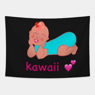 Cute Kawaii baby with the word kawaii and pink hearts Tapestry