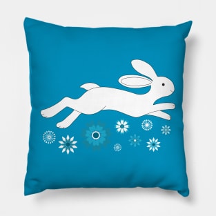Water Rabbit with Chinese flowers - Lunar New Year - white, teal and navy - by Cecca Designs Pillow