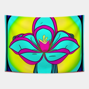 Cartoon Teal Flower Yellow Background | AI Generated Design by @remlorart Tapestry