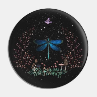 Dragonfly with mushrooms and flowers Pin