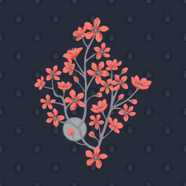 CHERRY BLOSSOMS Japanese Spring Floral Botanical with Sakura Flowers and Sun in Traditional Palette Blush Rust Gray Blue - UnBlink Studio by Jackie Tahara by UnBlink Studio by Jackie Tahara