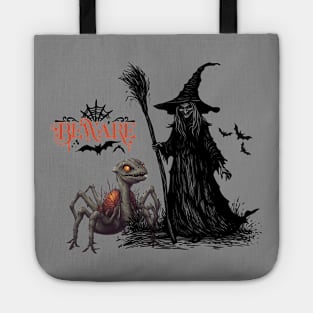 Scary witch with spider dinasour Tote