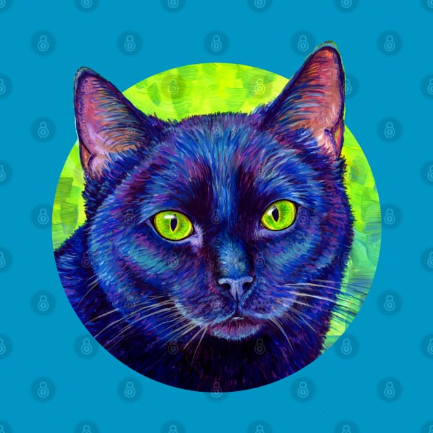 Colorful Black Cat with Chartreuse Eyes by rebeccawangart