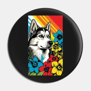 Husky Dog Vibrant Tropical Flower Tall Retro Vintage Digital Pop Art Portrait 4 Pin