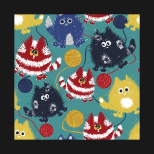 Bright Fluffy Cats Playing with Wool on Turquoise Background T-Shirt