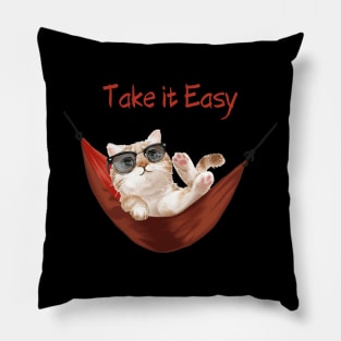 Take It Easy. Cute Cat in Sunglasses Relaxing in Red Hammock Pillow