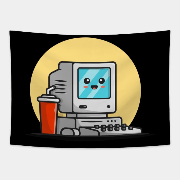 Cute Old Computer Desktop with Coffee Cartoon Vector Icon Illustration Tapestry by Catalyst Labs