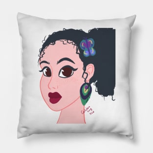 Girl with the Peacock Feather Earrings and Butterfly Bow Pillow