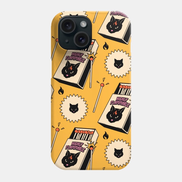 Highly Flammable Black Cat Pattern in yellow Phone Case by The Charcoal Cat Co.