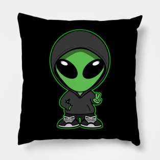 Hooded Space Alien Peace Hand Sign Green Pillow