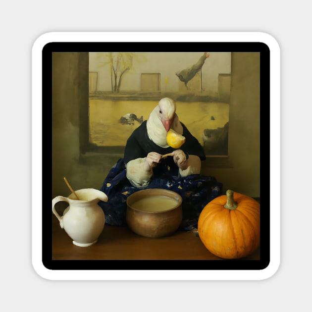 Dove eating a pumpkin soup Magnet by Arevalo Design