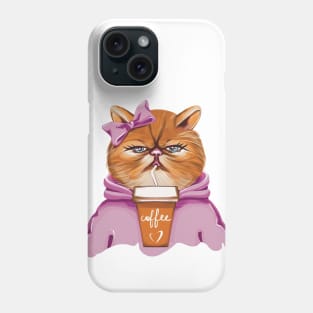 Cat with Coffee in pink hoodie Phone Case