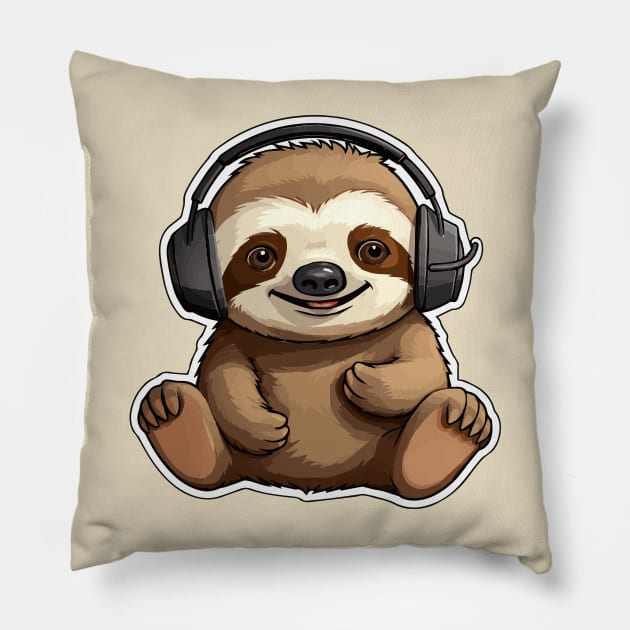 Cute Sloth Wearing Headphones Pillow by VelvetRoom