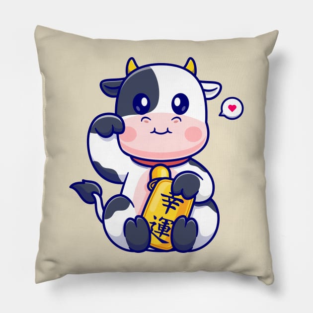 Cute Lucky Cow Holding Gold Coin Cartoon Pillow by Catalyst Labs