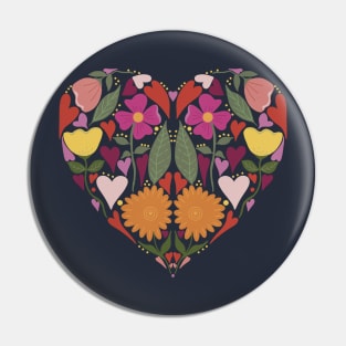 Heart Flowers Folk Art Valentine Pin