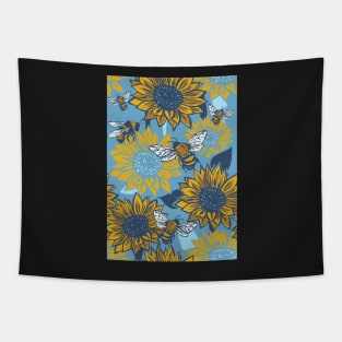 Sunflowers and Busy Bees Linoprint pattern Tapestry