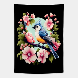 Cute Tufted Titmouse Surrounded by Vibrant Spring Flowers Tapestry