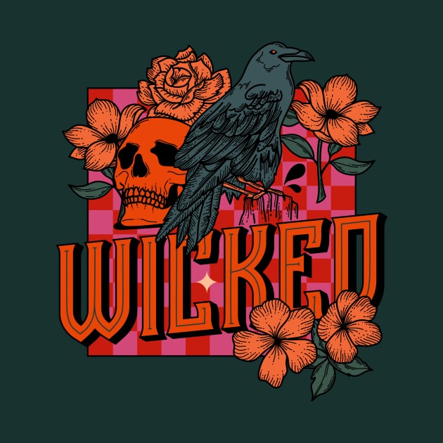 Wicked - crow, skull, animals, birds, pink, punk, green, orange, aesthetics, floral, flowers by magyarmelcsi