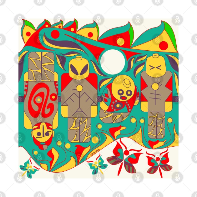 alien toys from space in mayan pattern ecopop by jorge_lebeau