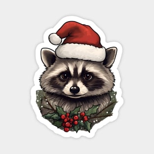 Santa hat Raccoon with holly Magnet