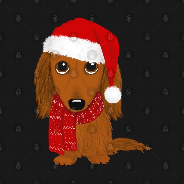 Longhaired Dachshund with Santa Hat Cute Christmas Wiener Dog by Coffee Squirrel