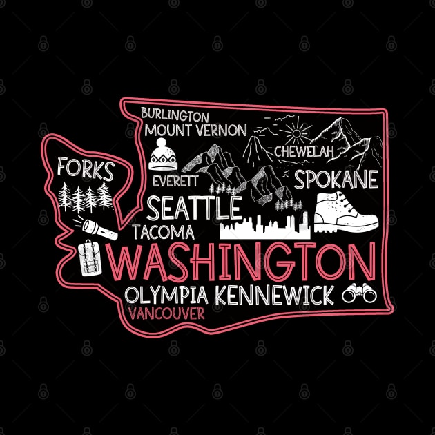 Washington Vancouver cute map Tacoma Forks Spokane by BoogieCreates