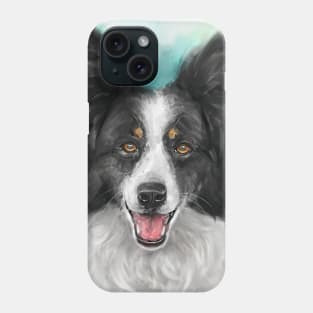 Painting of a Smiling Black and White Border Collie Dog on a Turquoise Background Phone Case