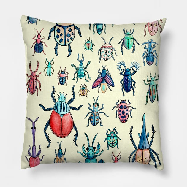 Vintage Watercolor Beetle Species Pattern Pillow by narwhalwall