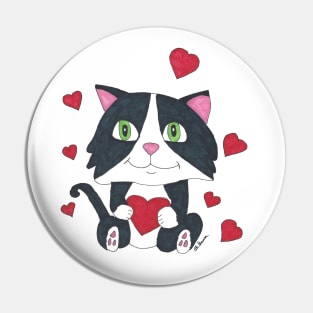 Tuxedo Cat with Hearts Hand Drawn Design Pin