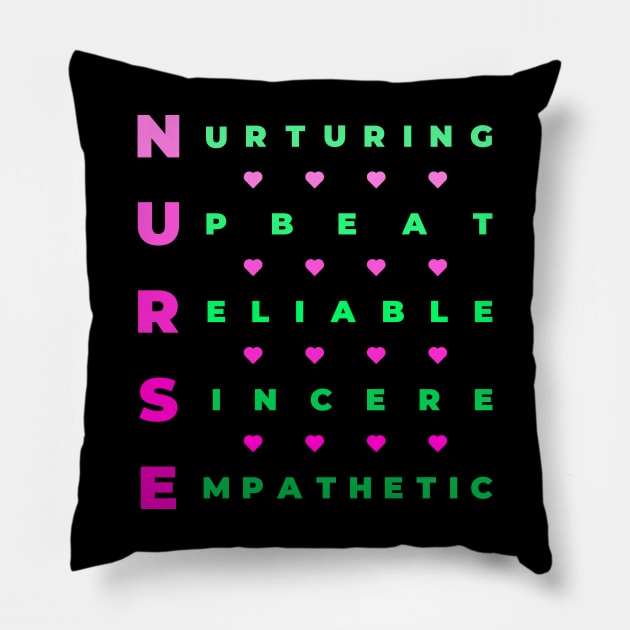 Qualities of a Nurse - Nurturing, Upbeat, Reliable, Sincere, Empathetic - Pink and Green Pillow by LuneFolk