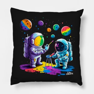 Cute Astronaut Artists Painting The Universe Pillow