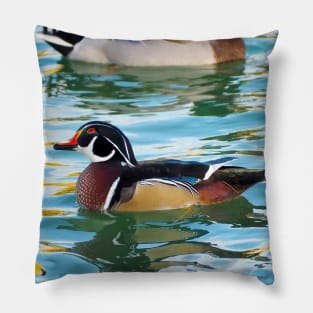 A Cute Wood Duck Turning Its Head While Swimming Pillow