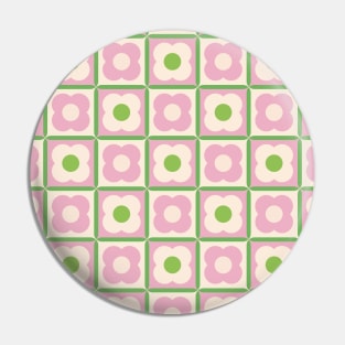 Retro Floral Checker Pattern Pink and Green Pin