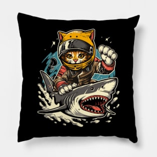 Cat Riding Shark Marine Exploration Pillow