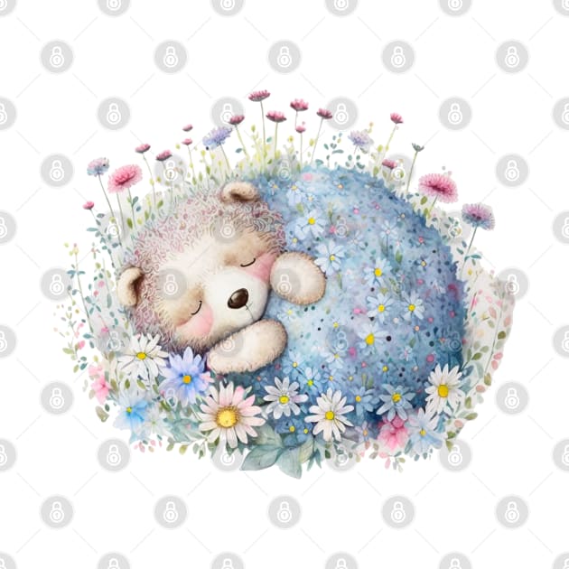 Bear cub sleeps in flowers by NATLEX