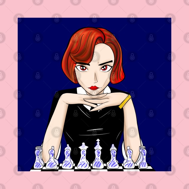 queens gambit in chess thinking, beth harmon art by jorge_lebeau